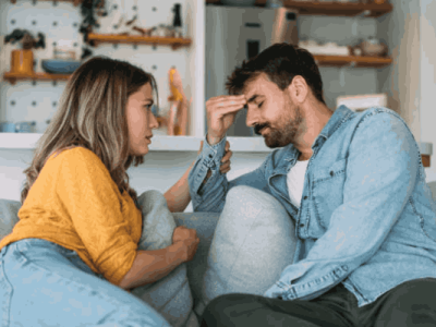 یک خانم و آقا که با هم صحبت می کنند.
